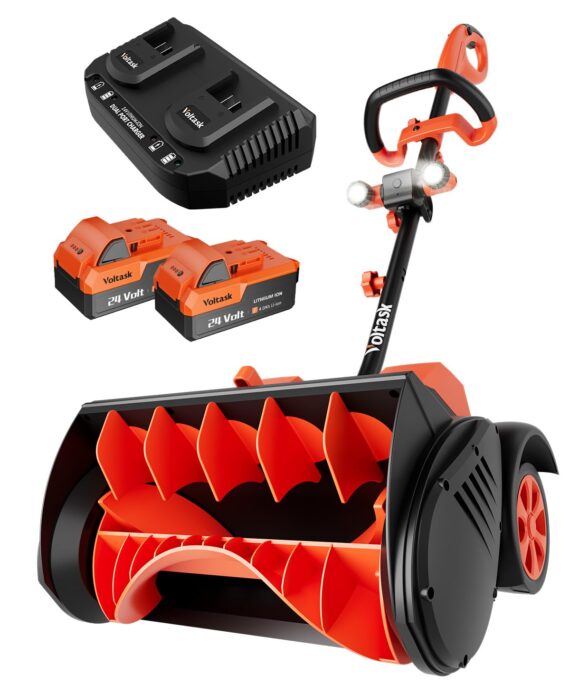 VOLTASK Cordless Snow Shovel with Wheels, 48V | 16-Inch | 4-Ah Brushless Cordless Snow Blower, Battery Snow Blower with Directional Plate & LED Lights (2 * 24V Battery & Dual Quick Charger Included)