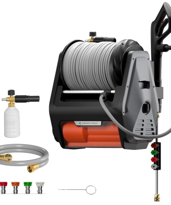 Giraffe Tools Grandfalls Pressure Washer Pro, Electric Wall Mount Power Washer with 100FT Retractable Pressure Hoses, 3700PSI, 1.6GPM, 4 Nozzles, Foam Cannon for Cars/Patios, Dark Silver