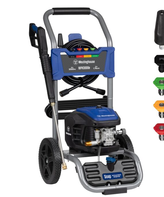 Westinghouse WPX3000e Electric Pressure Washer, 3000 Max PSI and 1.76 Max GPM, Induction Motor, Onboard Soap Tank, Spray Gun and Wand, 5 Nozzle Set, for Cars/Fences/Driveways/Homes/Patios/Furniture