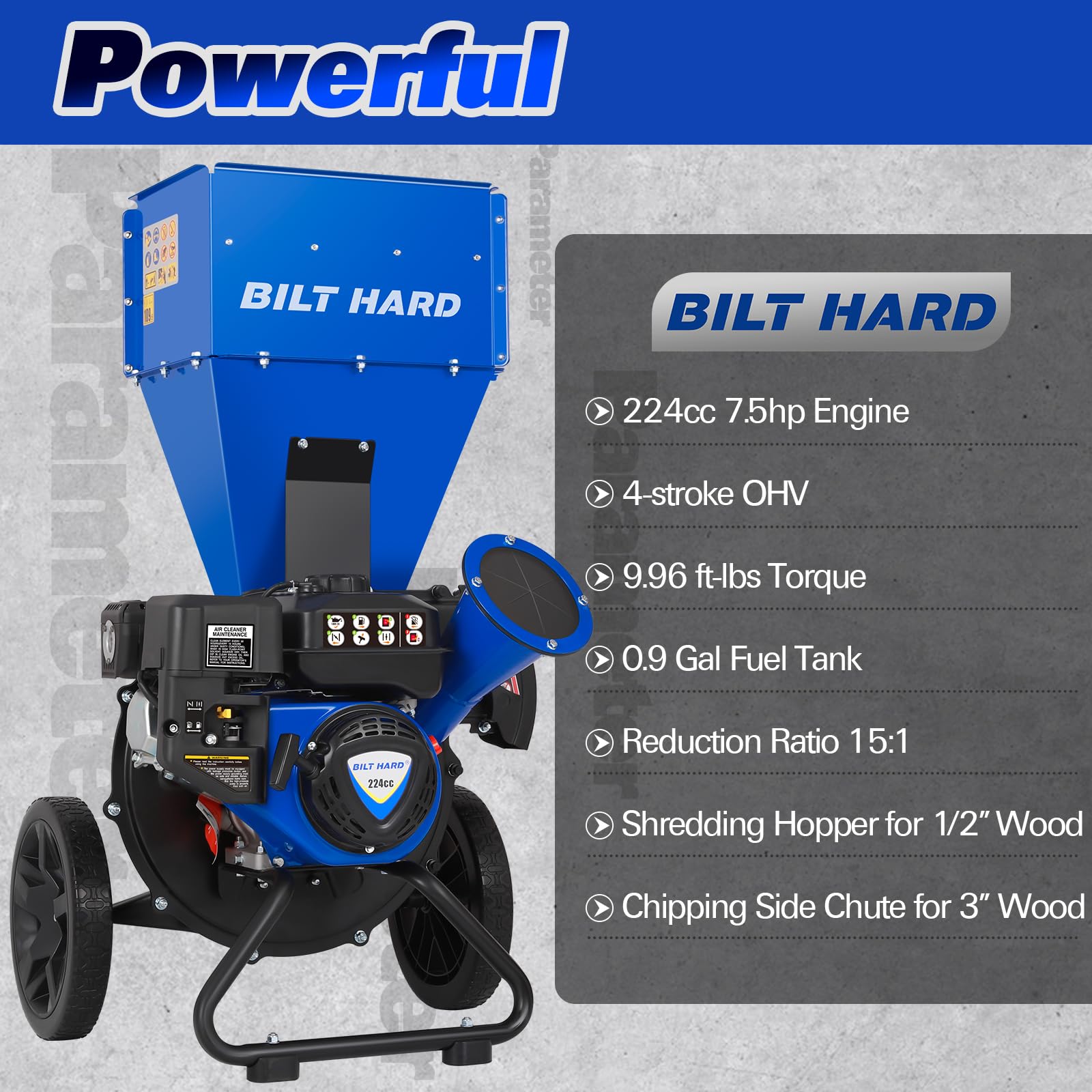 BILT HARD Wood Chippers Gas Powered - 7.5 HP 224cc Gas Powered Shredder, 2 in 1 Multi-Function Heavy Duty, 3" Max Wood Diameter Capacity with Collection Bag - Image 6