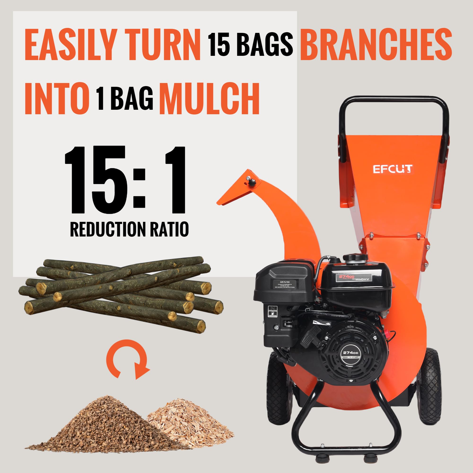 EFCUT C40 Wood Chipper 4" inch Max Diameter Capacity 9 HP 274cc Gas Powered Engine Heavy Duty Shredder Mulcher - Image 3