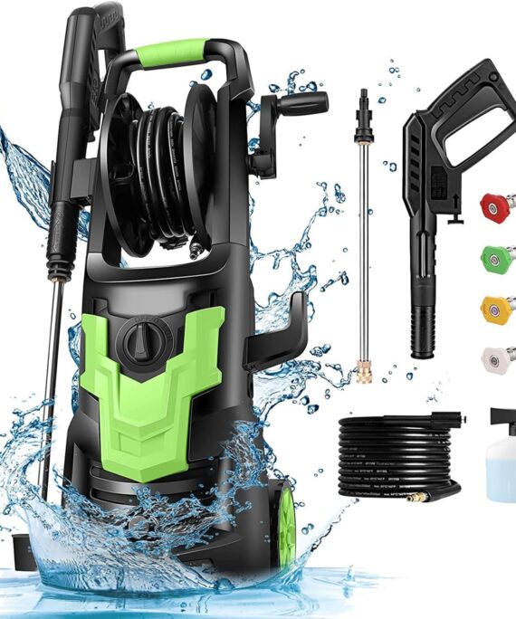 WHOLESUN 4200 Pressure Washer, 1900W High Power Washer with 3.9GPM Motor with Hose Reel, Rotatable Iron Spray Lance for Patio/Garden/Car（Green)