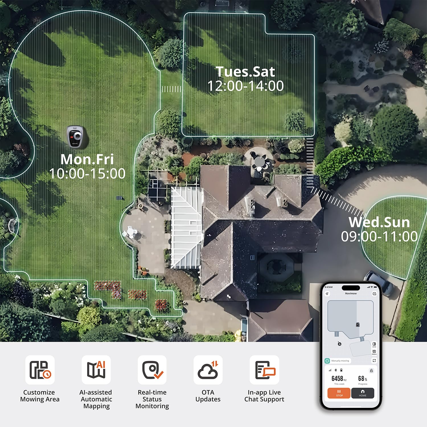 Segway Navimow i105N Robot Lawn Mower Perimeter Wire Free 1/8 Acre RTK+Vision Robotic Lawnmower, AI-Assisted Mapping, Virtual Boundary, APP Control, 58dB(A) Quiet, Multi-Zone Management - Image 4