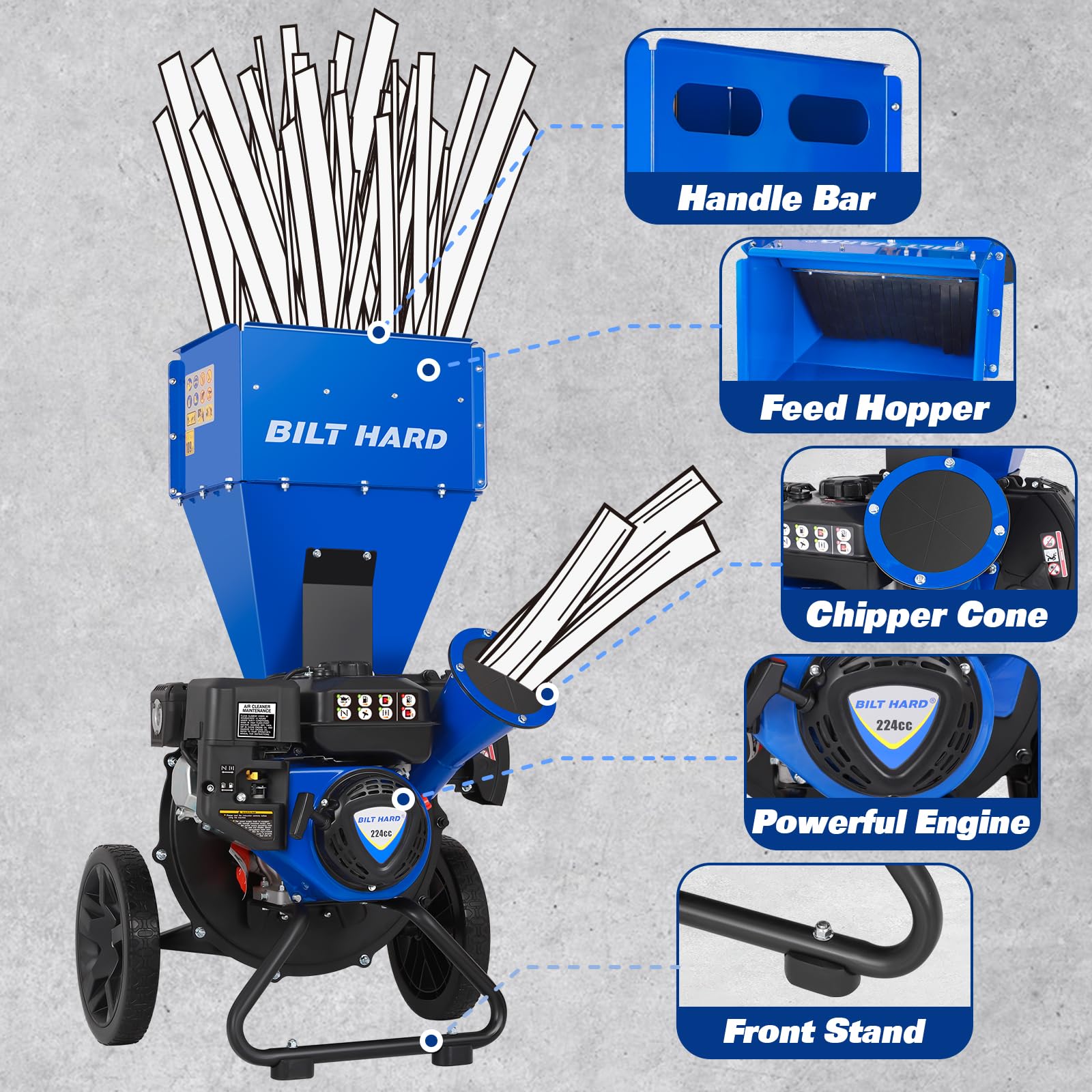 BILT HARD Wood Chippers Gas Powered - 7.5 HP 224cc Gas Powered Shredder, 2 in 1 Multi-Function Heavy Duty, 3" Max Wood Diameter Capacity with Collection Bag - Image 5