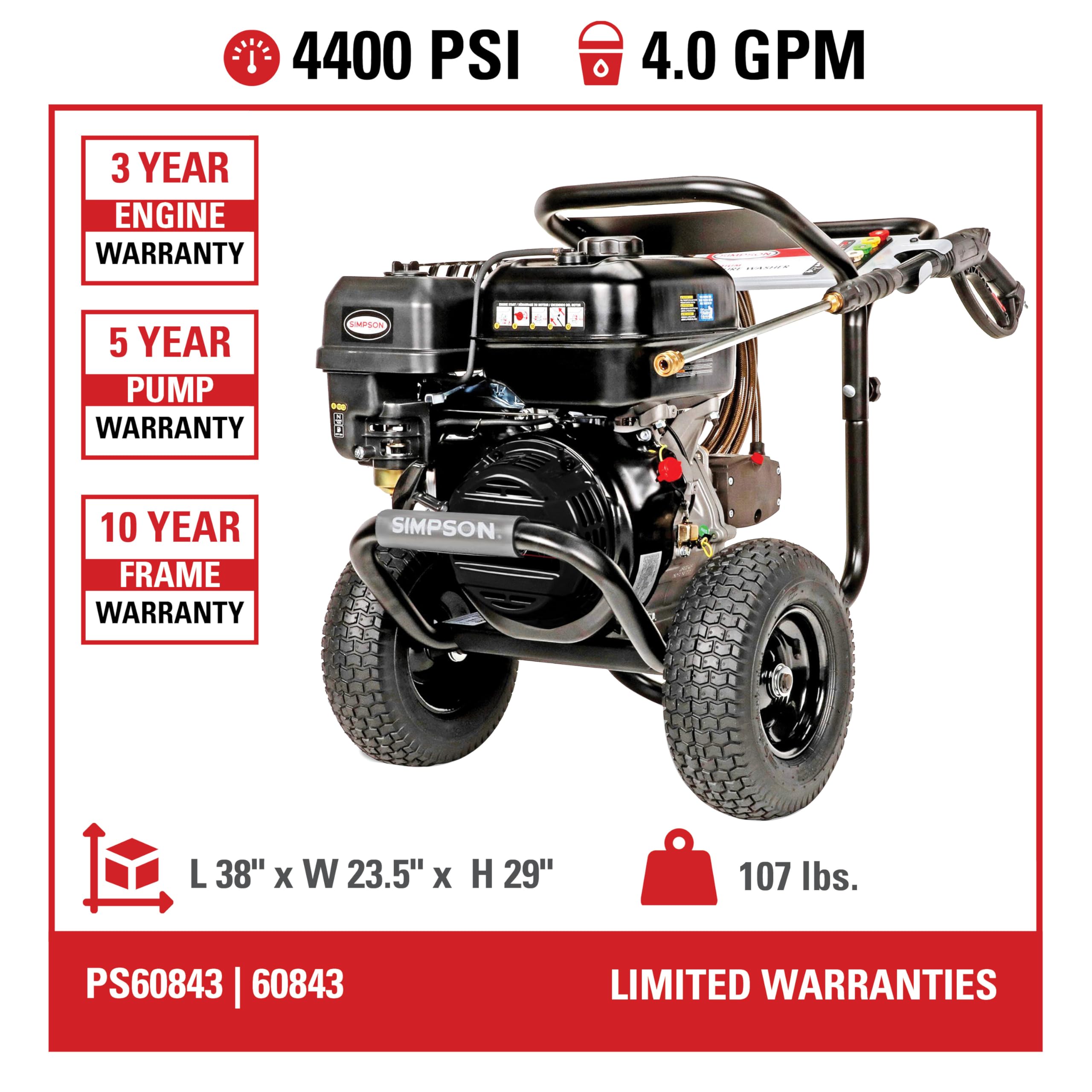 Simpson 4400 PSI Gas Pressure Washer, 4.0 GPM Commercial Power Washer, Cold Water, 50' Hose, PowerShot, 49-State Compliant (PS60843) - Image 10