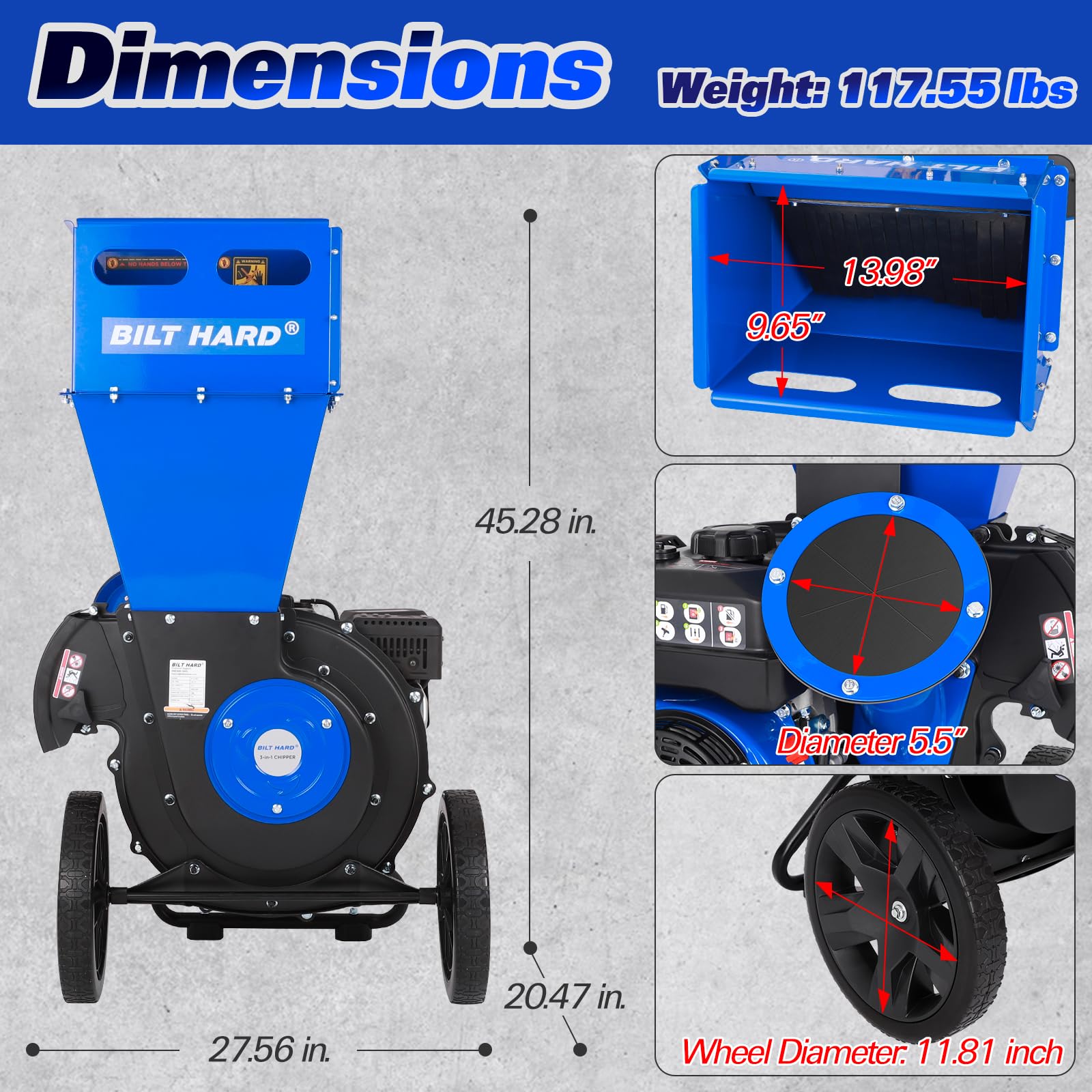 BILT HARD Wood Chippers Gas Powered - 7.5 HP 224cc Gas Powered Shredder, 2 in 1 Multi-Function Heavy Duty, 3" Max Wood Diameter Capacity with Collection Bag - Image 7